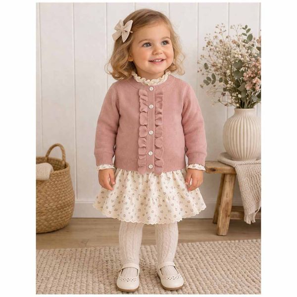 Cardigan med rysjer Barn Merinoull Rosa FUB